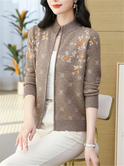 Elegante cárdigan de lana con cremallera y bordado para mujer
