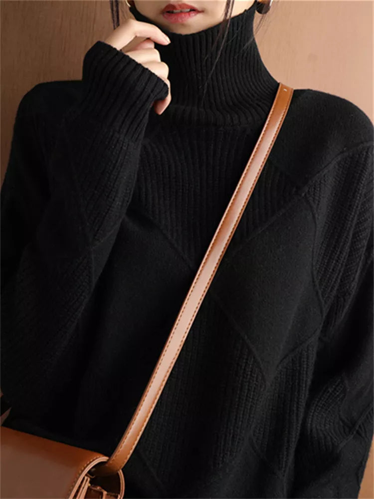 Women’s High-Neck Diamond Knit Pullover Sweater