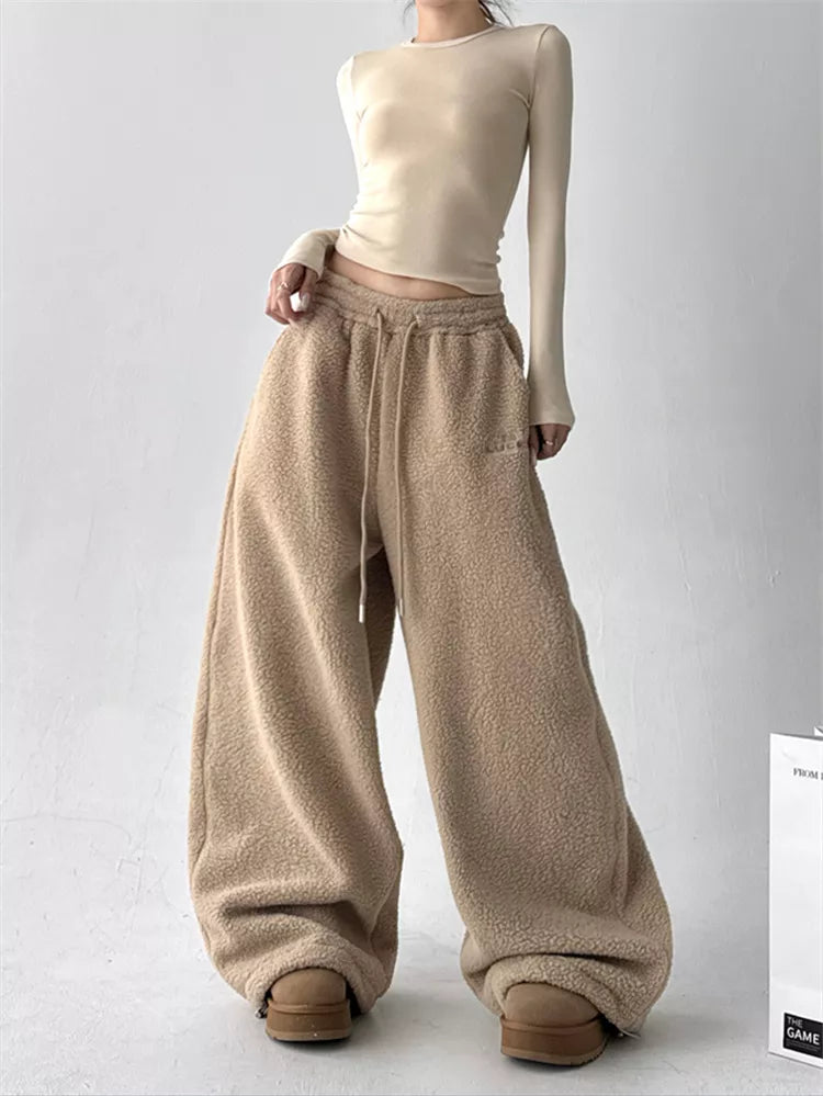Pantalones anchos de sherpa sintética para mujer - Pantalones deportivos holgados y acogedores de felpa de peluche