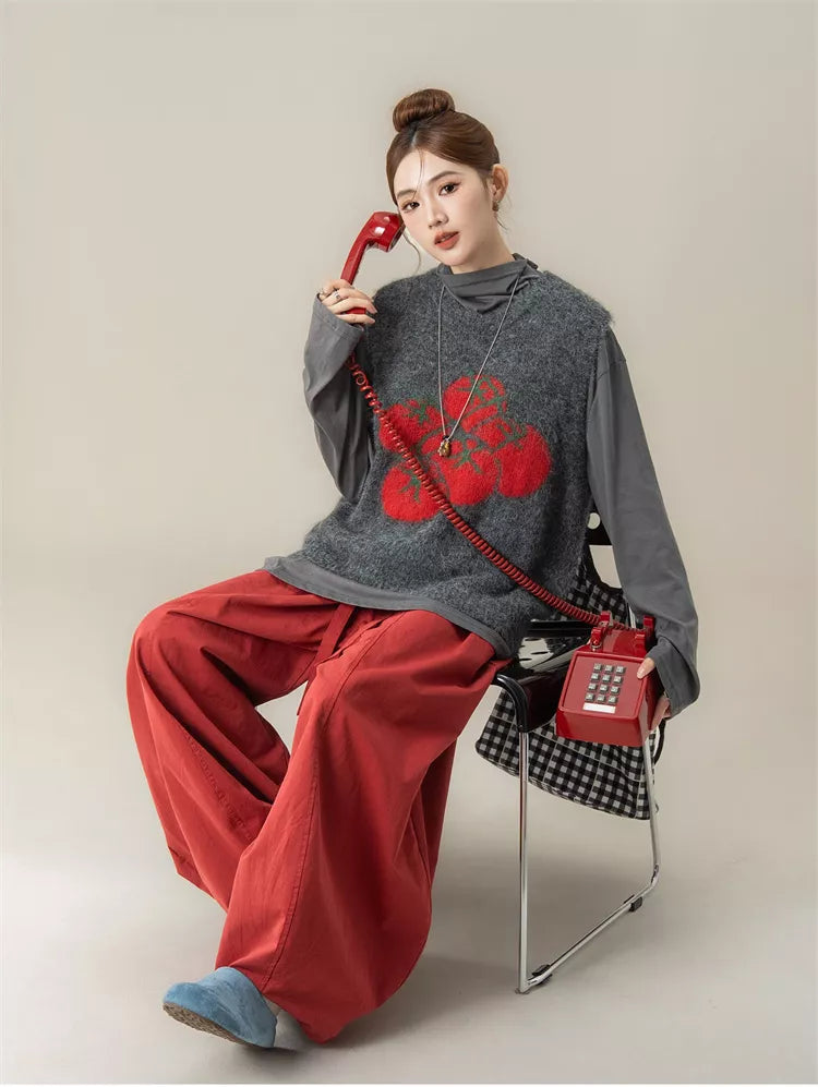 Women's Cute Tomato Jacquard Soft Knitted Sweater Vest Korean Preppy Style