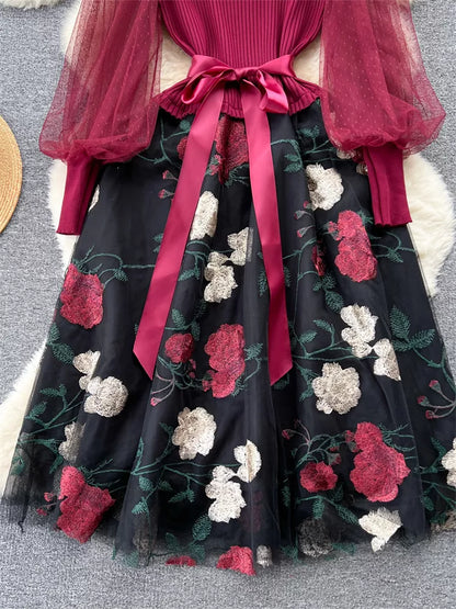 Elegant French Style Knitted Spliced Floral Mesh Dress