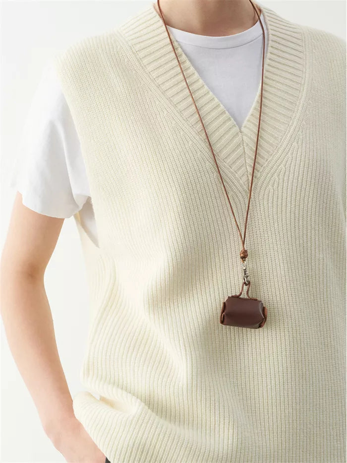 Women's Dark Brown Wool V-Neck Knit Vest Loose Sleeveless Pullover Sweater