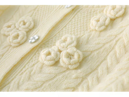 Women's Elegant White 3D Floral Wool Cardigan Drawstring Waist