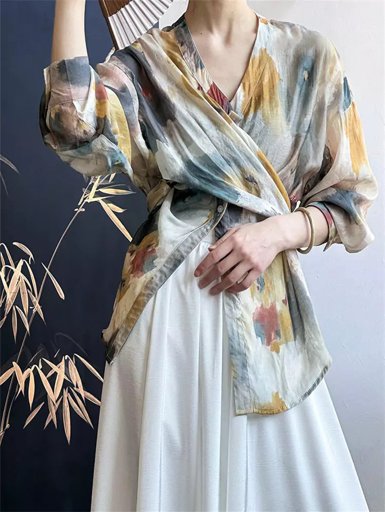 Blusa francesa vintage de manga larga con efecto tie-dye y dobladillo irregular