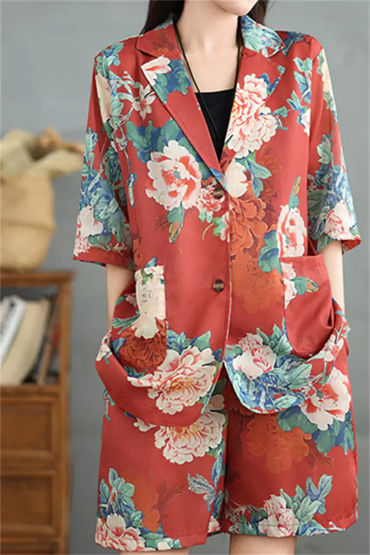 Summer Red Floral Print Linen Two-Piece Suit for Women Vintage Loose-Fit Blazer and Shorts Set