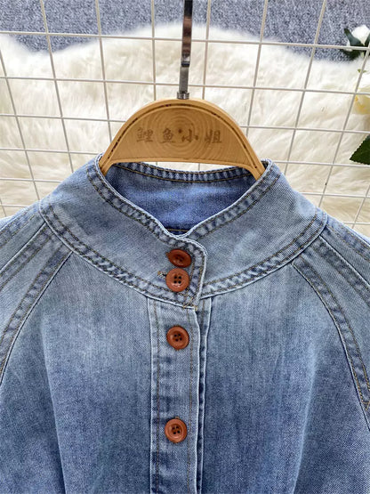 Vintage-Chic Jeansbluse mit Schnürung an der Taille und Laternenärmeln für Damen