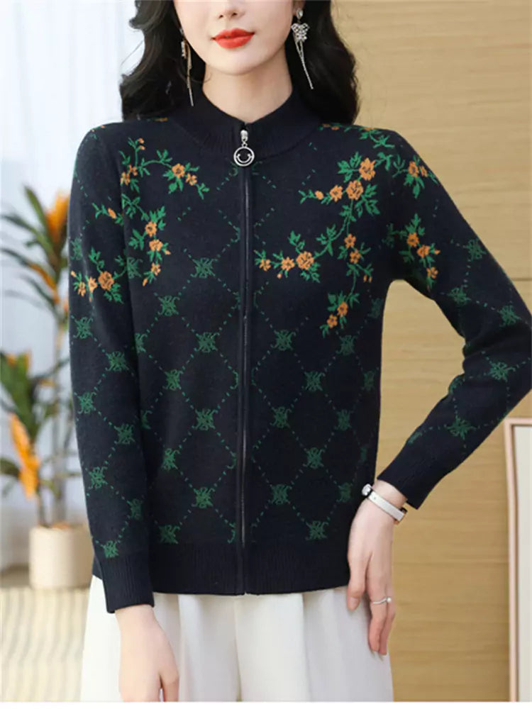 Elegante cárdigan de lana con cremallera y bordado para mujer