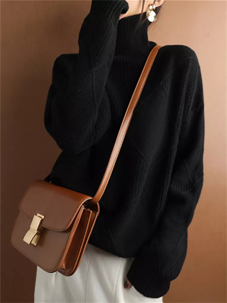 Women’s High-Neck Diamond Knit Pullover Sweater