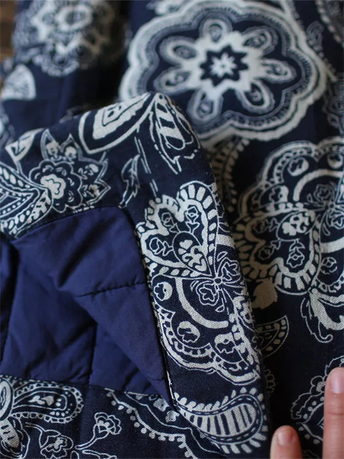 Women's Vintage Chinese Style Blue Floral Padded Jacket Cotton Linen Frog Button Short Coat