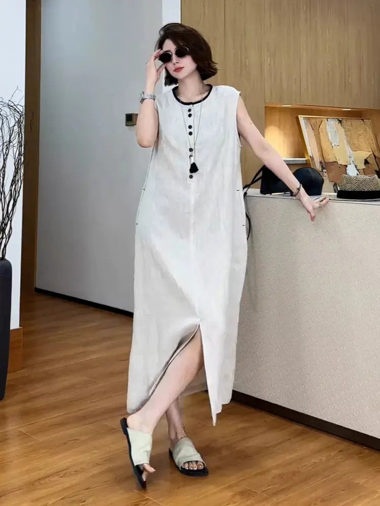 French Linen Sleeveless Midi Dress with Side Slit