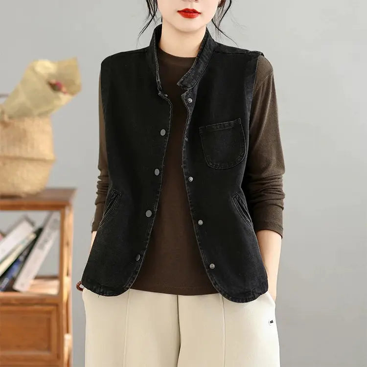 Distressed Washed Denim Vest for Women