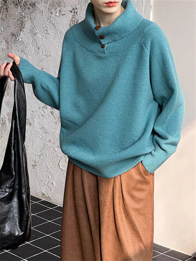 Weißer, einfarbiger Strickpullover im koreanischen Stil mit Kragen und Design