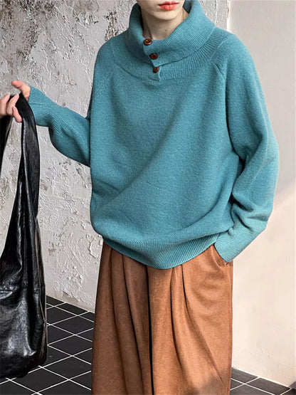 Suéter de punto con cuello en color blanco liso de estilo coreano con diseño