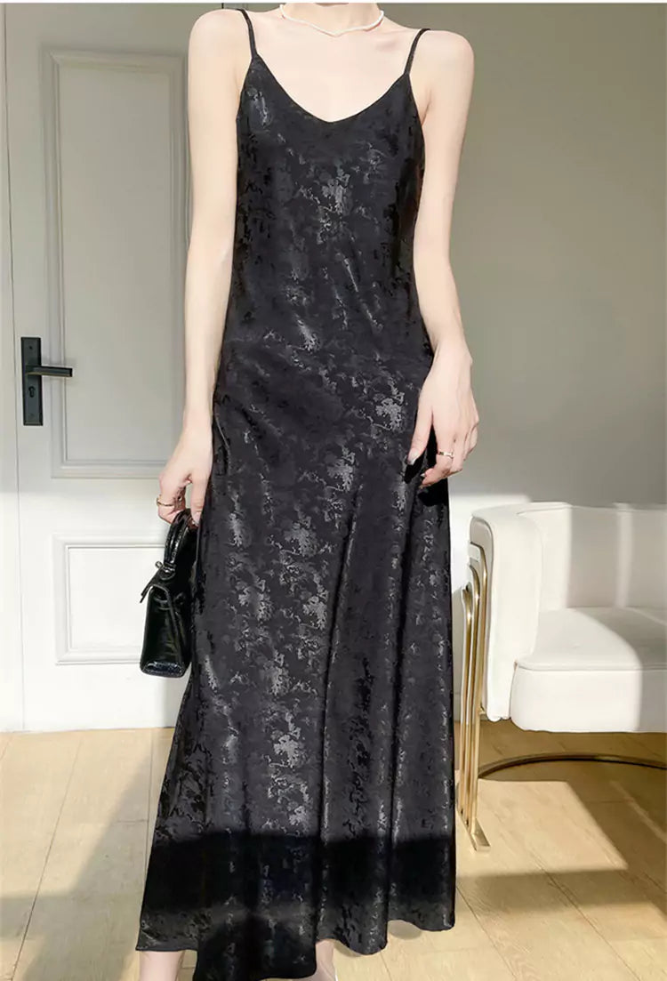Elegant Blue Silk Slip Dress with Oriental Jacquard and A-Line Silhouette
