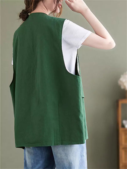 Plus Size Pockets Solid Color Cotton Vest for Women