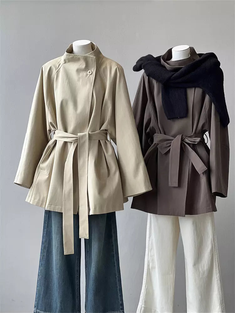 Vintage British Style Stand Collar Trench Coat for Women