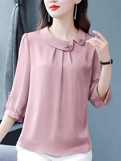 Blusa de seda morera de verano con cuello Peter Pan y mangas 3/4 para mujer