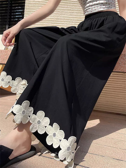 Pantalones de algodón de cintura alta y pierna ancha con diseño floral de patchwork para mujer