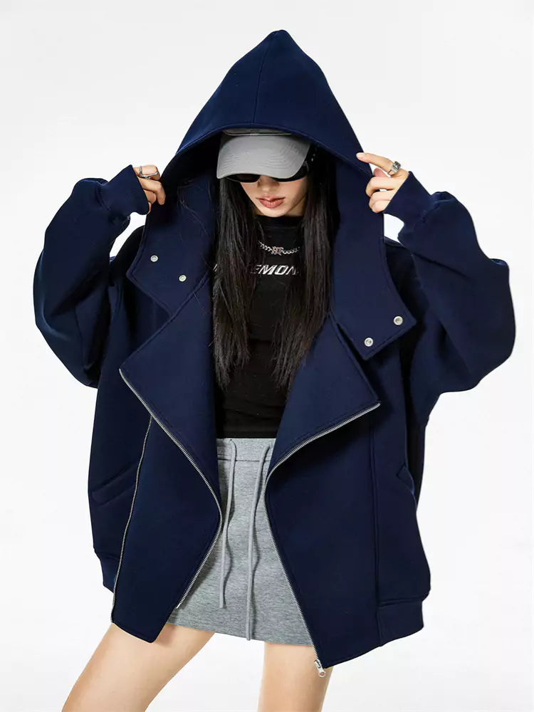 Sudadera con capucha asimétrica con cremallera gris claro vintage para mujer