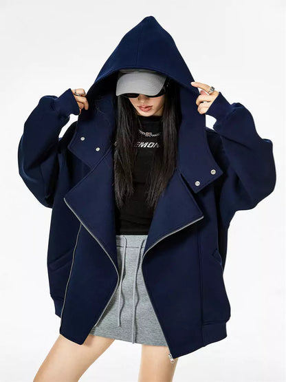 Sudadera con capucha asimétrica con cremallera gris claro vintage para mujer