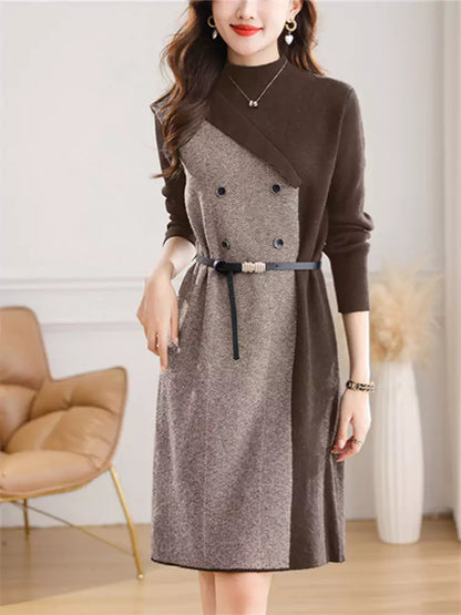 Strickkleid mit halbem Rollkragen für Damen – mittellanges, lässiges Herbst-Winter-Outfit