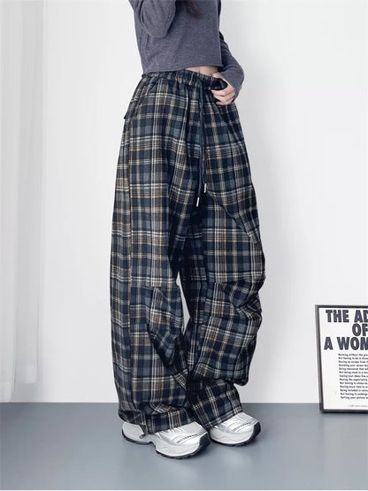 Pantalones anchos a cuadros con cintura alta y elegantes tallas grandes para mujer