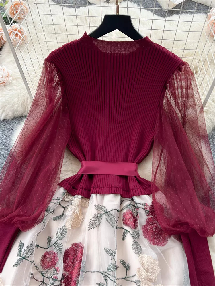 Elegant French Style Knitted Spliced Floral Mesh Dress