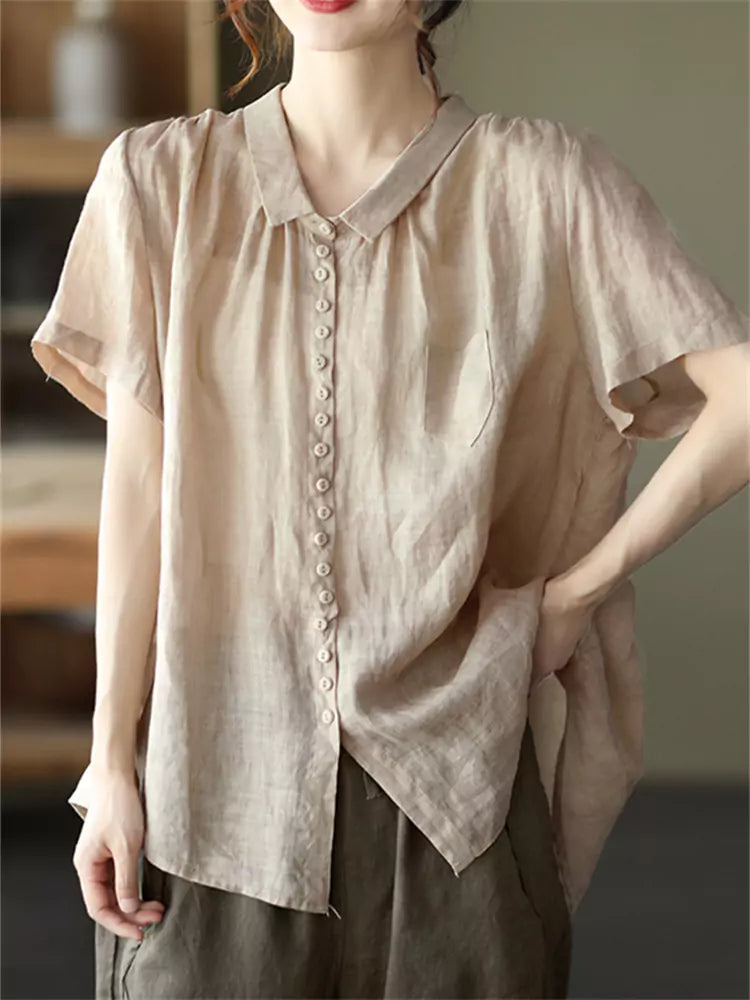 Minimalist Elegant Ramie Vintage Loose-Fit Peter Pan Collar Blouse for Women