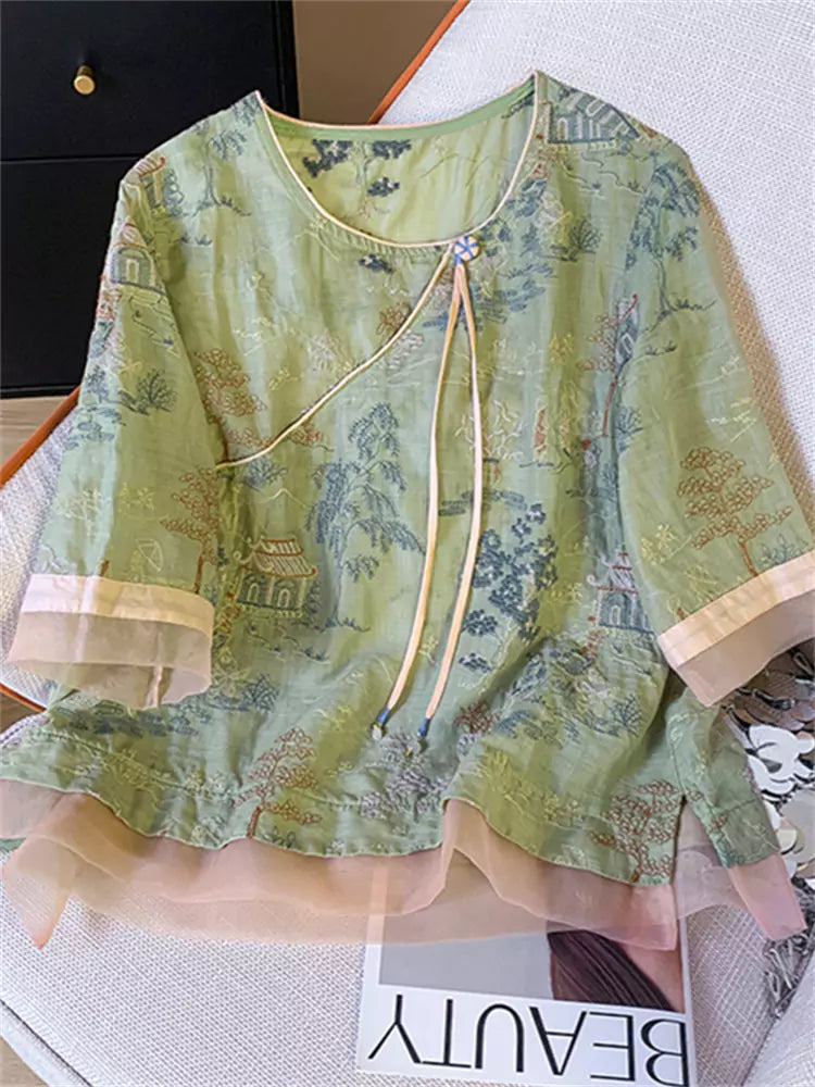 High-End Lightweight Embroidered Zen-Style Summer Blouse for Women with Chinese Elements