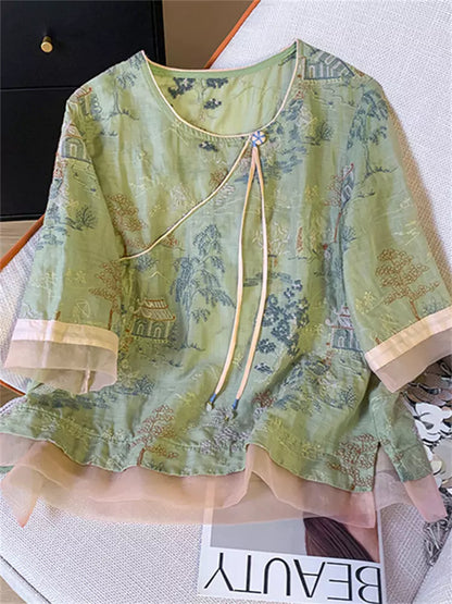 Hochwertige, leichte, bestickte Sommerbluse im Zen-Stil für Damen mit chinesischen Elementen