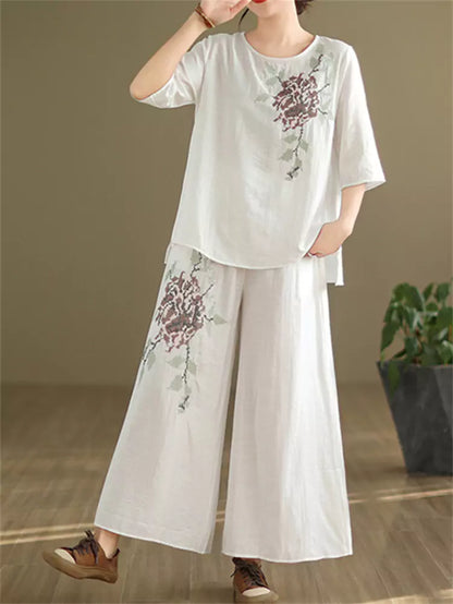 Conjunto de dos piezas de lino y algodón bordado vintage para mujer: blusa holgada y pantalones anchos.