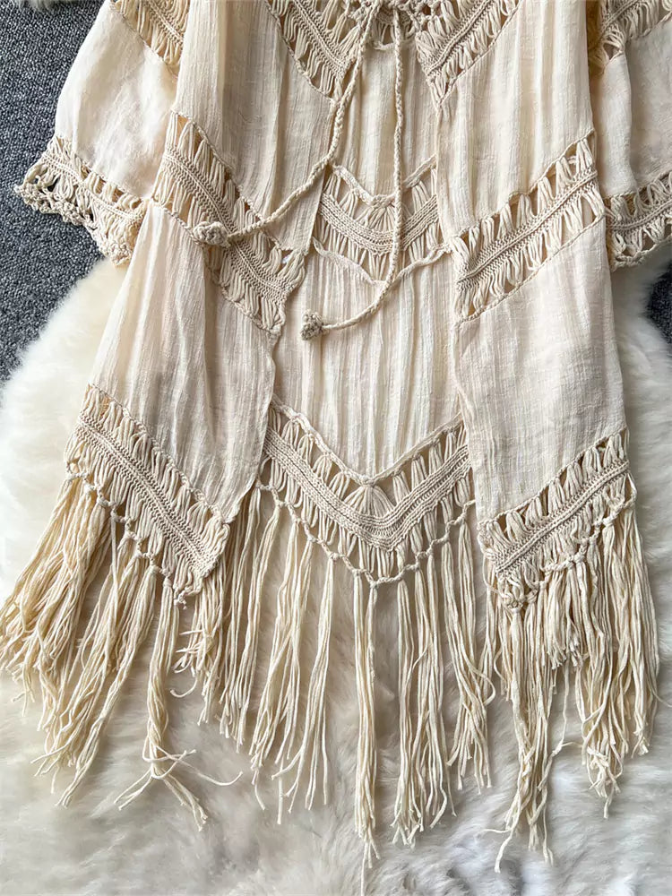 Beach Vacation Boho Crochet Hollow-Out V-Neck Tassel Cover-Up Dress