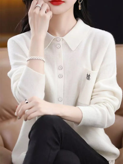 Suéter de punto con cuello polo de lana bordado estilo vintage para mujer