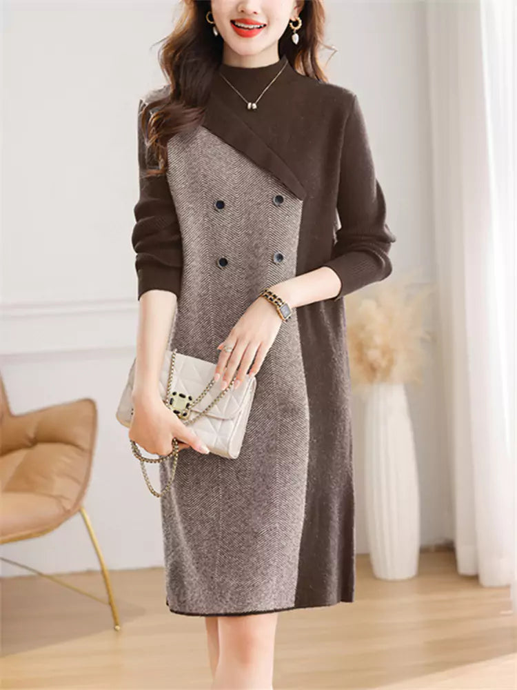 Strickkleid mit halbem Rollkragen für Damen – mittellanges, lässiges Herbst-Winter-Outfit
