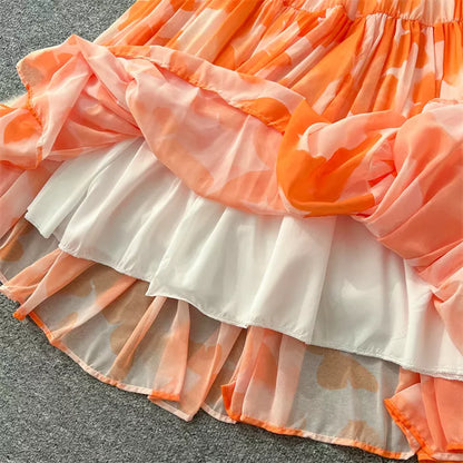 Elegantes, bedrucktes Maxikleid im französischen Stil mit Laternenärmeln für Damen