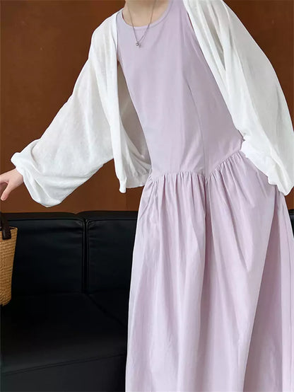 Lila minimalistisches, schickes, plissiertes Tanktop-Maxikleid in A-Linie