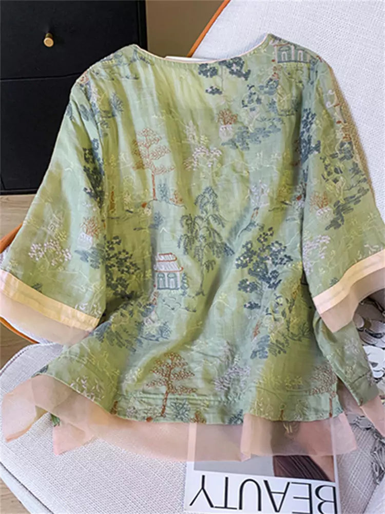 High-End Lightweight Embroidered Zen-Style Summer Blouse for Women with Chinese Elements
