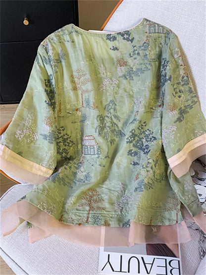 Hochwertige, leichte, bestickte Sommerbluse im Zen-Stil für Damen mit chinesischen Elementen