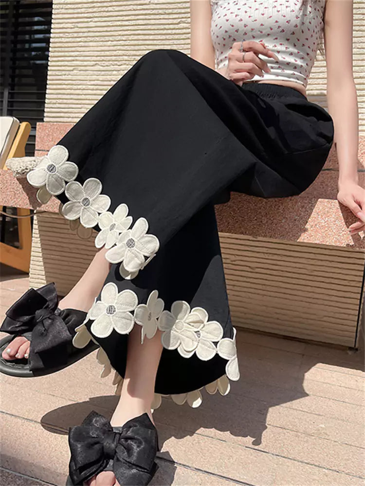 Pantalones de algodón de cintura alta y pierna ancha con diseño floral de patchwork para mujer