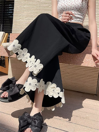 Pantalones de algodón de cintura alta y pierna ancha con diseño floral de patchwork para mujer