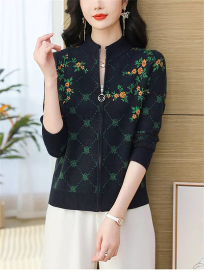 Elegante cárdigan de lana con cremallera y bordado para mujer
