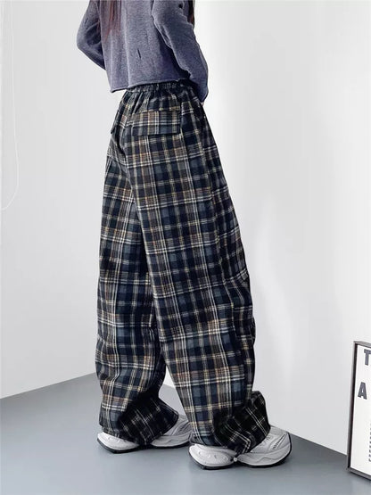 Pantalones anchos a cuadros con cintura alta y elegantes tallas grandes para mujer