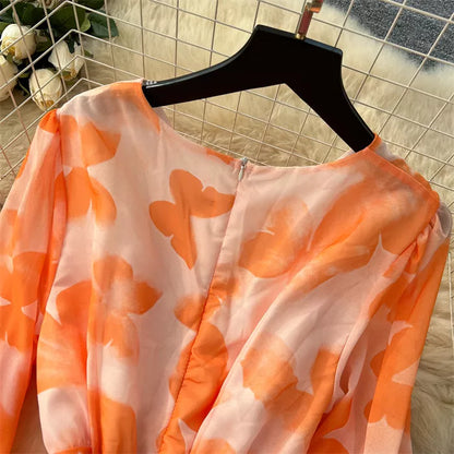 Elegantes, bedrucktes Maxikleid im französischen Stil mit Laternenärmeln für Damen