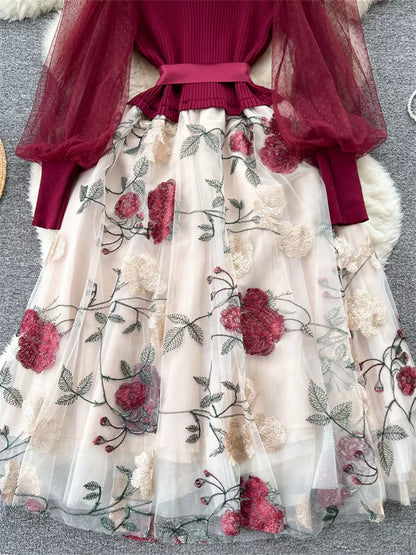 Elegant French Style Knitted Spliced Floral Mesh Dress