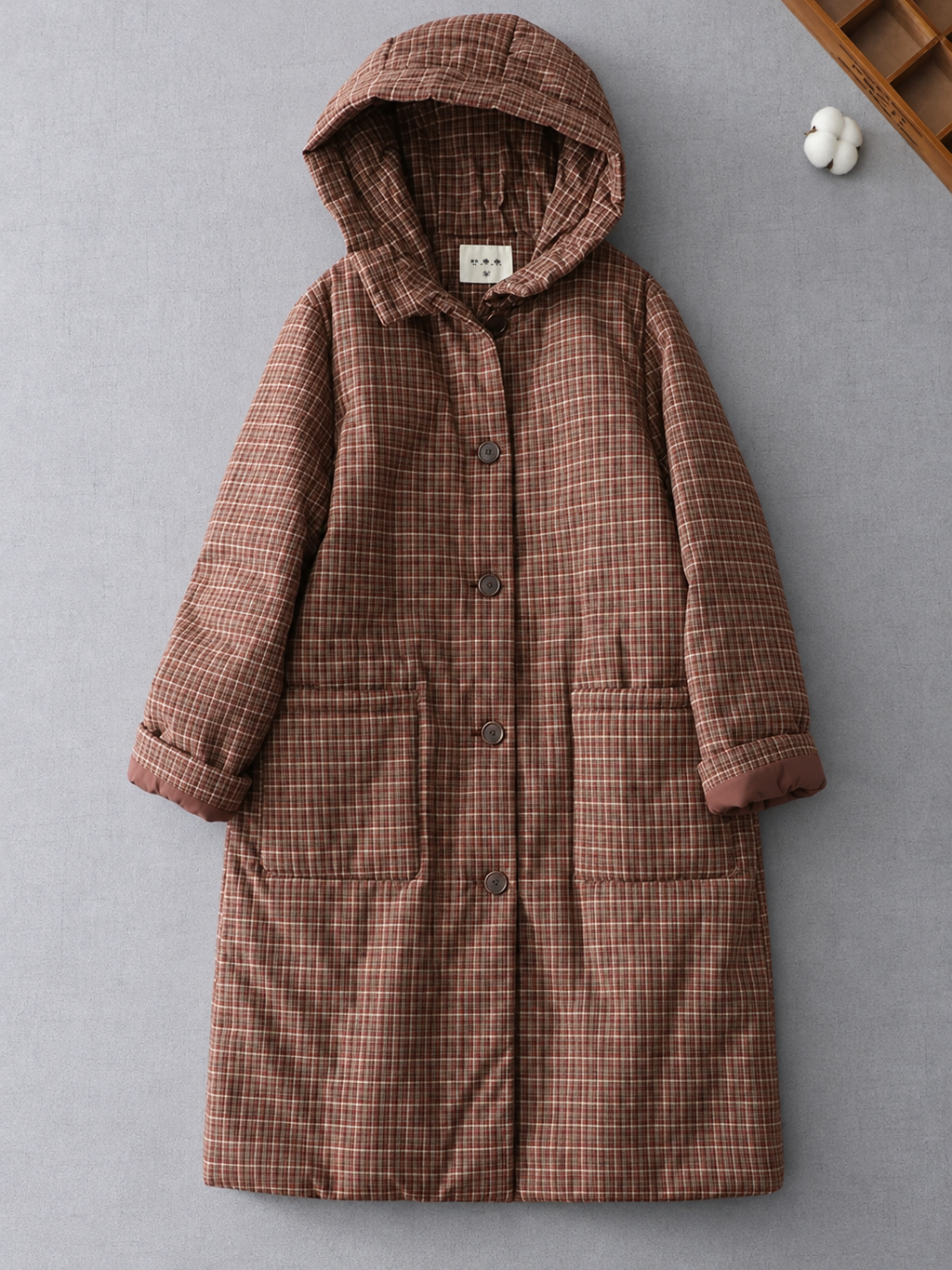 Retro Plaid Quilted Hooded Padded Coat
