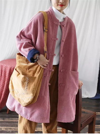 Damen-Pinker Retro-Mantel aus Baumwoll-Leinen-Cord mit Steppung und chinesischen Knotenknöpfen