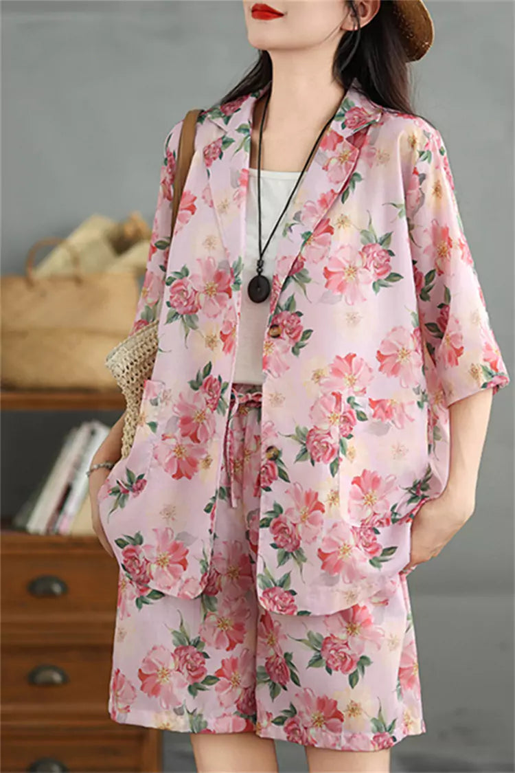 Summer Pink Floral Print Linen Two-Piece Suit for Women Vintage Loose-Fit Blazer and Shorts Set
