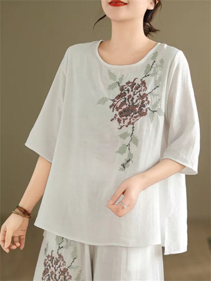 Conjunto de dos piezas de lino y algodón bordado vintage para mujer: blusa holgada y pantalones anchos.