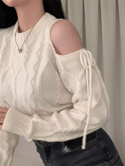 Women's Vintage Burgundy Cold Shoulder Cable Knit Sweater Ribbon Lace-Up Sleeve