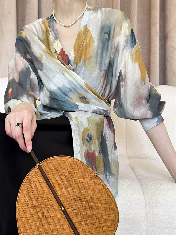 Blusa francesa vintage de manga larga con efecto tie-dye y dobladillo irregular